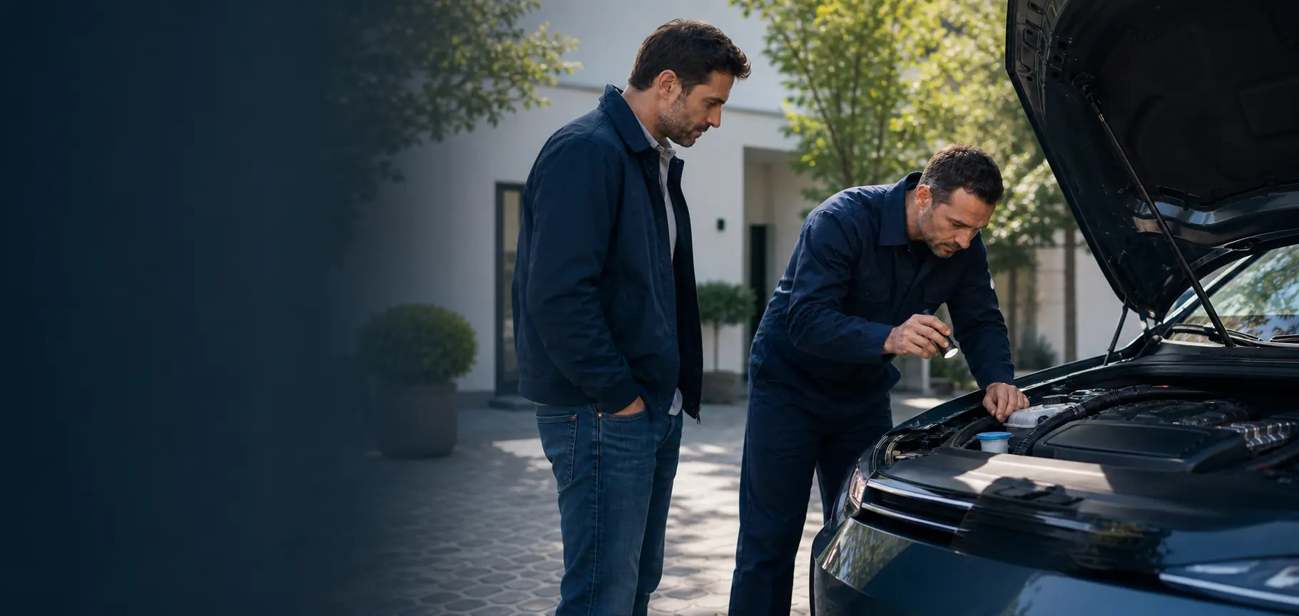 Un mécanicien inspecte une voiture d'occasion avec son acheteur